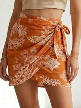 Zara Small XS Orange Paisley Wrap Skirt Cover-Up Mini Spring Summer 2 4